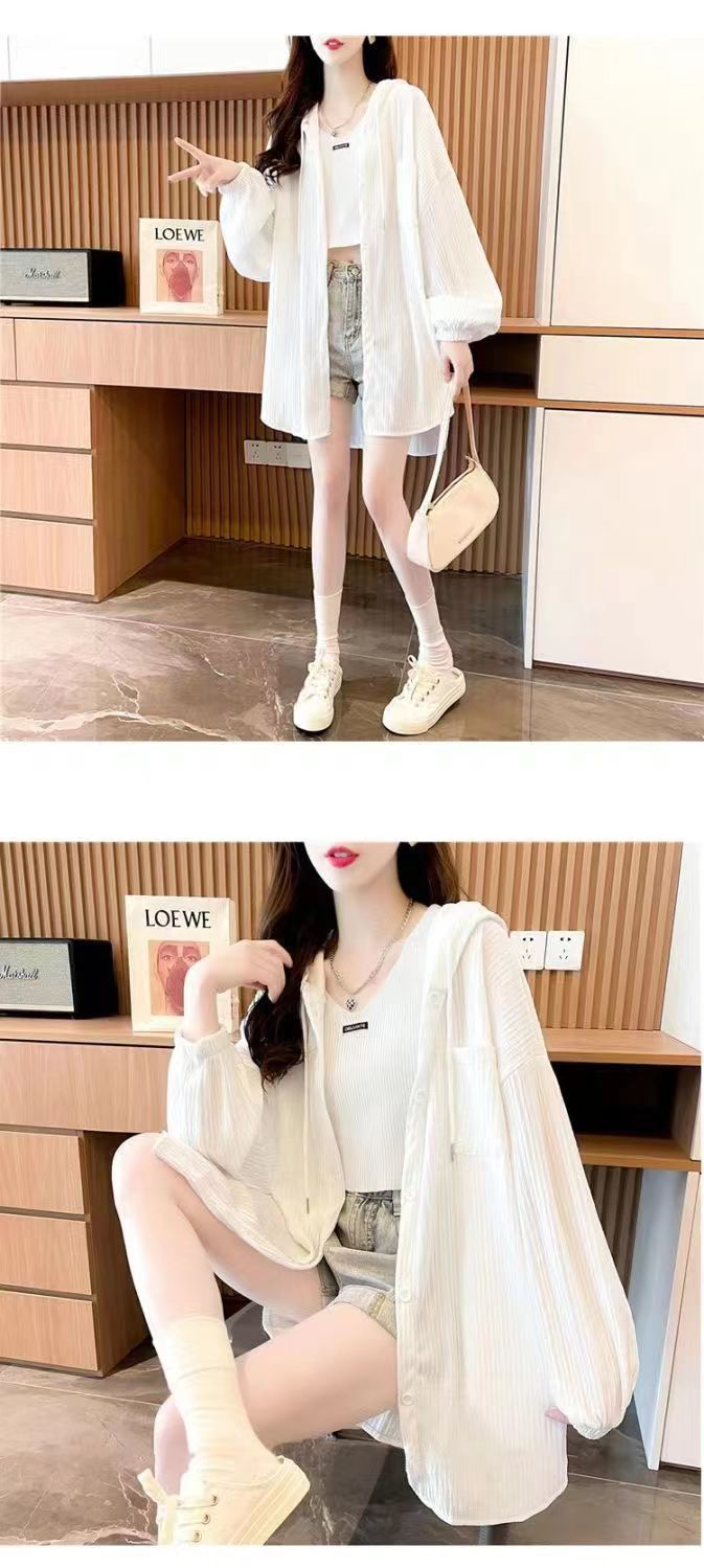 plus Size300White Long Sleeve Sun Protection Jacket for Women, Summer Versatile Mid-Length Loose Cardigan with Hood