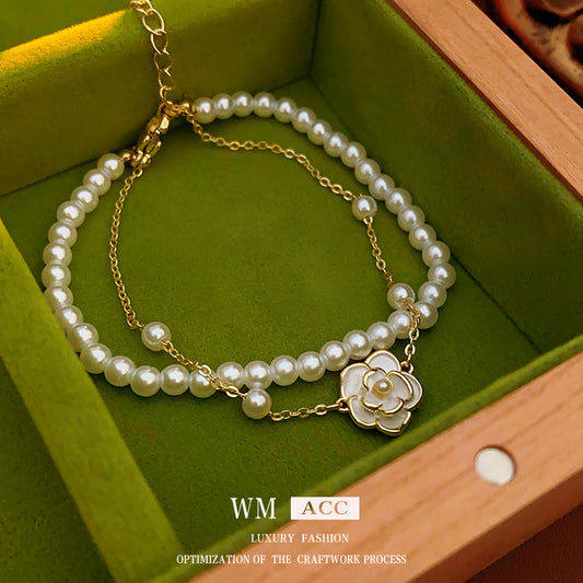 Real Gold Plated Oil Drop Camellia Pearl Bracelet Elegant Temperament Bracelet Light Luxury High-end Earrings Manufacturer Wholesale