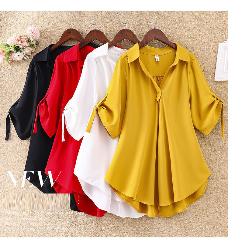 Women's Mid-Length Short Sleeve Chiffon Blouse2025Summer New Large Size Loose Waist Slimming Chiffon Blouse for Women Trendy