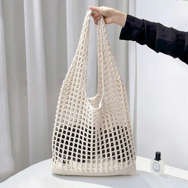 Fashion Hollow Knitted Beach Bag Seaside Shoulder Bag New Tote Simple Versatile Woven Large Capacity Vacation
