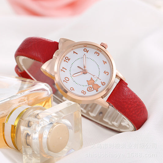 Cross-Border Hot-Selling Children's Watch for Girls with Cute Bowknot, Digital Kitten Design, Student Watch, In Stock for Wholesale