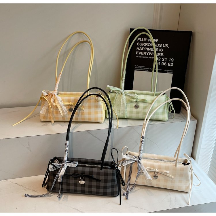 Dopamine Plaid Handbag Small Tote Bag for Women Summer2025New Ballet Style Bow Baguette Bag Underarm Bag Trendy