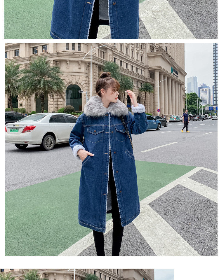 2022Winter New Mid-Length Large Fur Collar Fleece-Lined Lamb Wool Denim Jacket for Women Loose Casual Cotton Coat