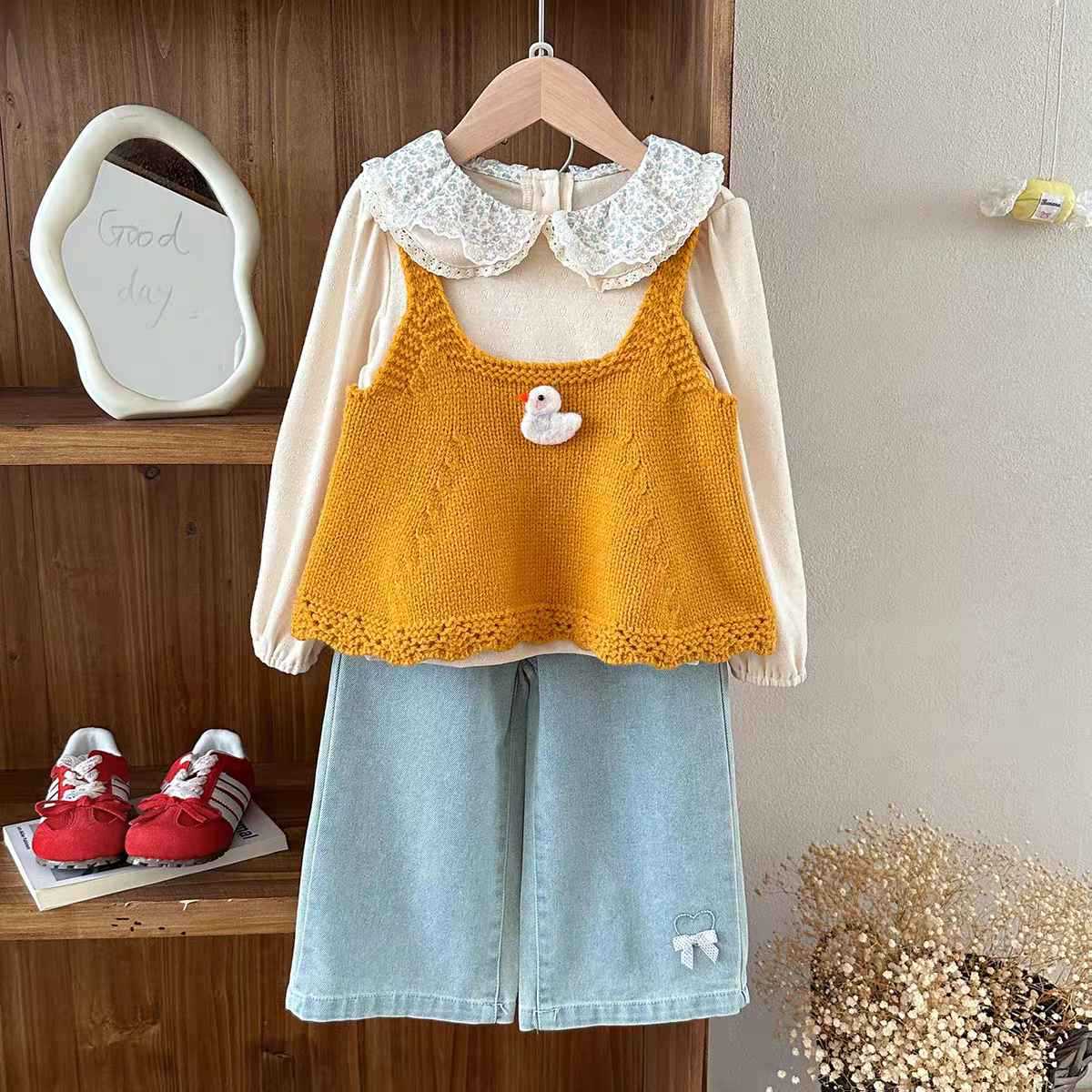 Sweet Little Girl Autumn Set Little Yellow Duck Knitted Vest+Floral Collar Shirt+Denim Wide-Leg Pants Three-Piece Set