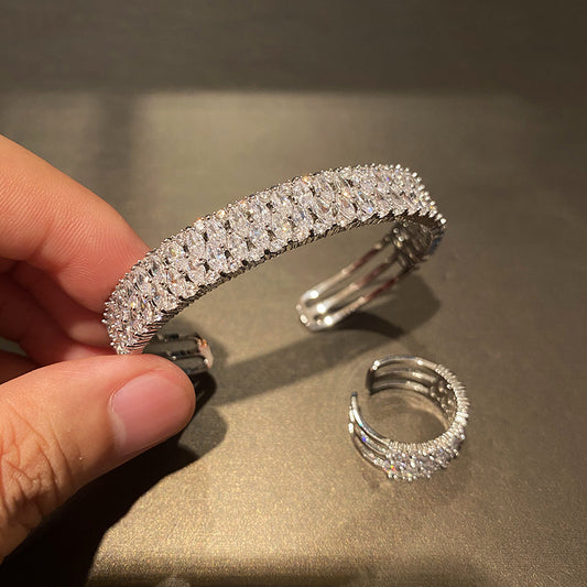 White gold Full Diamond Wide Band Row Diamond Bracelet Ring Narrow Band Simple Fashion Versatile Evening Party party Bracelet