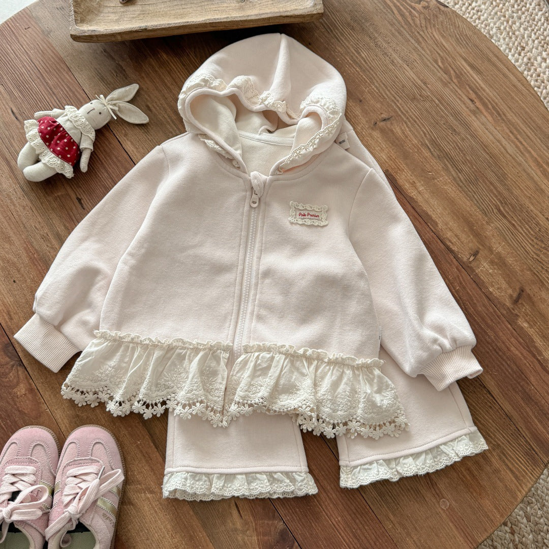 Sweet Little Girl Outfit Autumn New Fashionable Children's Lace Hooded Two-Piece Set Jacket Baby Pants