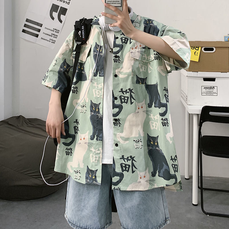 Summer Japanese Style Short Sleeve Shirt Men Half Sleeve Shirt Hong Kong Style Trendy Cat Print Student Loose Casual Shirt12