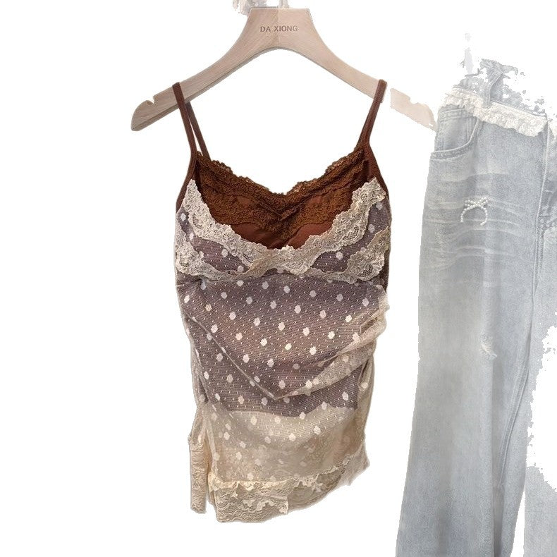 Lace Patchwork Mesh Fake Two-Piece Design Camisole with Chest Pads for Women, Slim Fit, Wearable Outside Top for Hot Girls