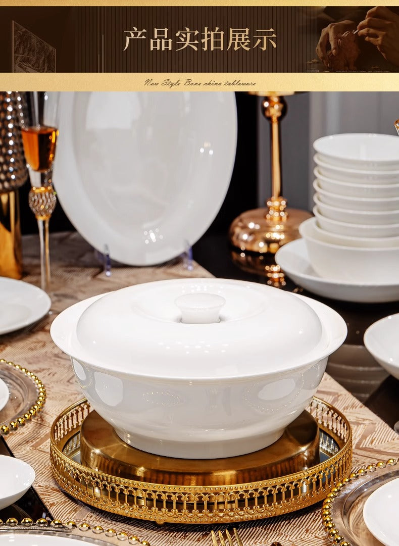 Tangshan Bone China Pure White Underglaze Color Bowl and Plate Set Household Combination Tableware Set Bowl Plate Dish Gift Box High Temperature Porcelain