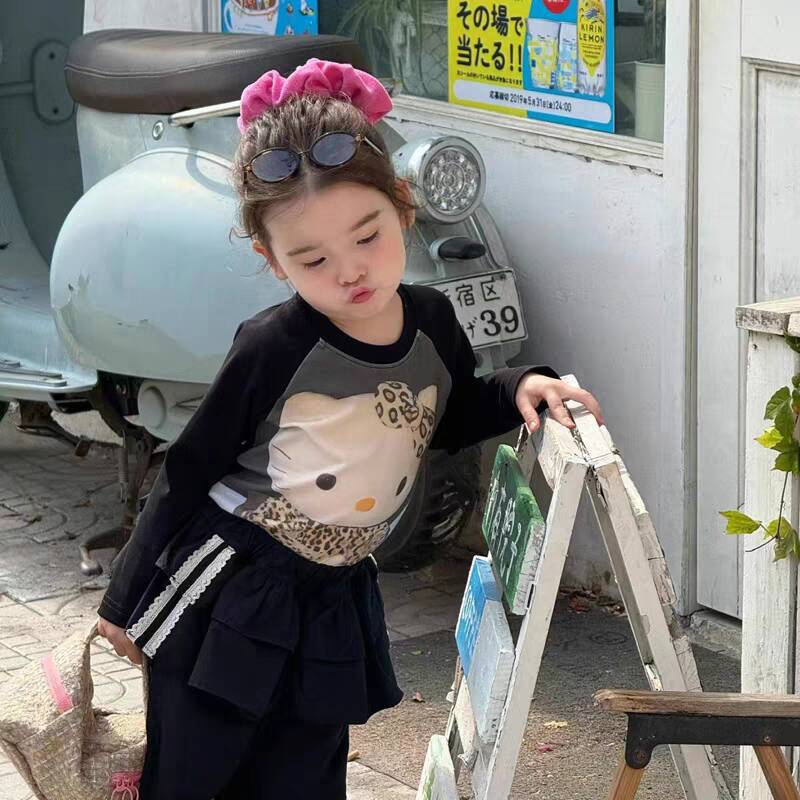 Sweet Little Sister Children's Clothing Autumn New Style Girls' Korean Fashion Slim Cartoon T Shirt Ruffled Casual Cargo Pants