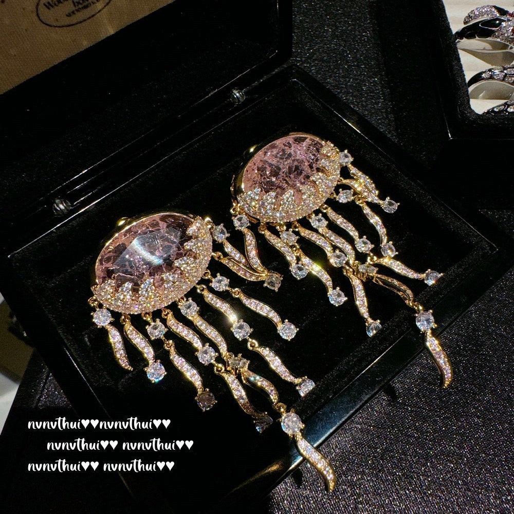 Sparkling Paphos Cloud Pattern Jellyfish Tassel Gemstone Earrings The Joy of a Rich Woman Egg-shaped Princess Pink Earrings