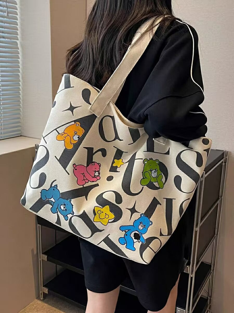 Student Canvas Bag for Women, Large Capacity Tote Commuter Bag, Versatile Printed Mommy Bag, Handheld Shoulder Bag, Shopping Bag for Women