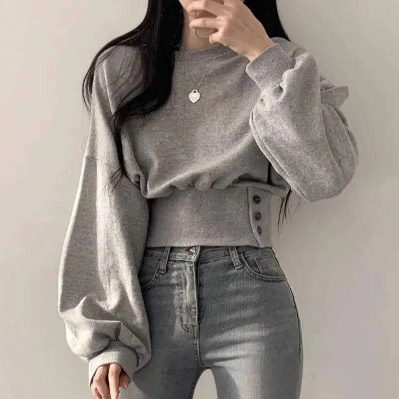 Polyester Fish Scale Korean Autumn Niche Design Round Neck Button Long Sleeve Short Pullover Sweatshirt for Women