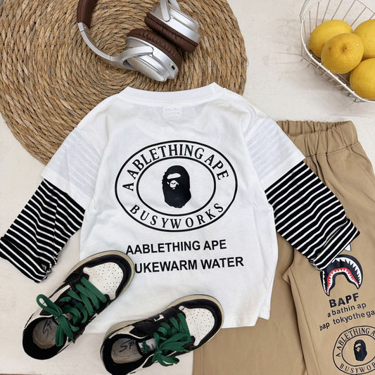 Cross-border Exclusive Children's Pure Cotton T New Long Sleeve T-Shirt for Boys and Girls T T-shirt Baby Round Neck Letter Top Hot Sale