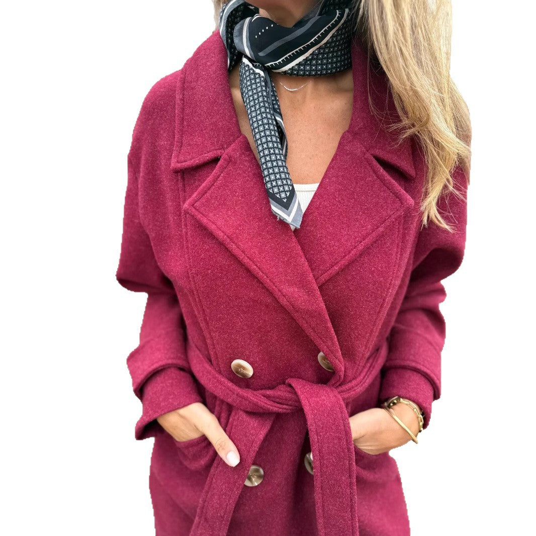 2025Amazon European and American Cross-Border Autumn Winter New Lace-Up Cardigan Casual Long Sleeve Turn-Down Collar Woolen Pocket Coat for Women