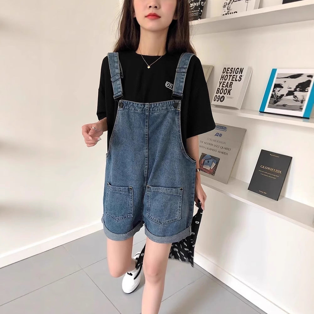 Women's Denim Overalls Summer Thin Loose Slimming Straight Strap Jumpsuit Denim Overalls Shorts