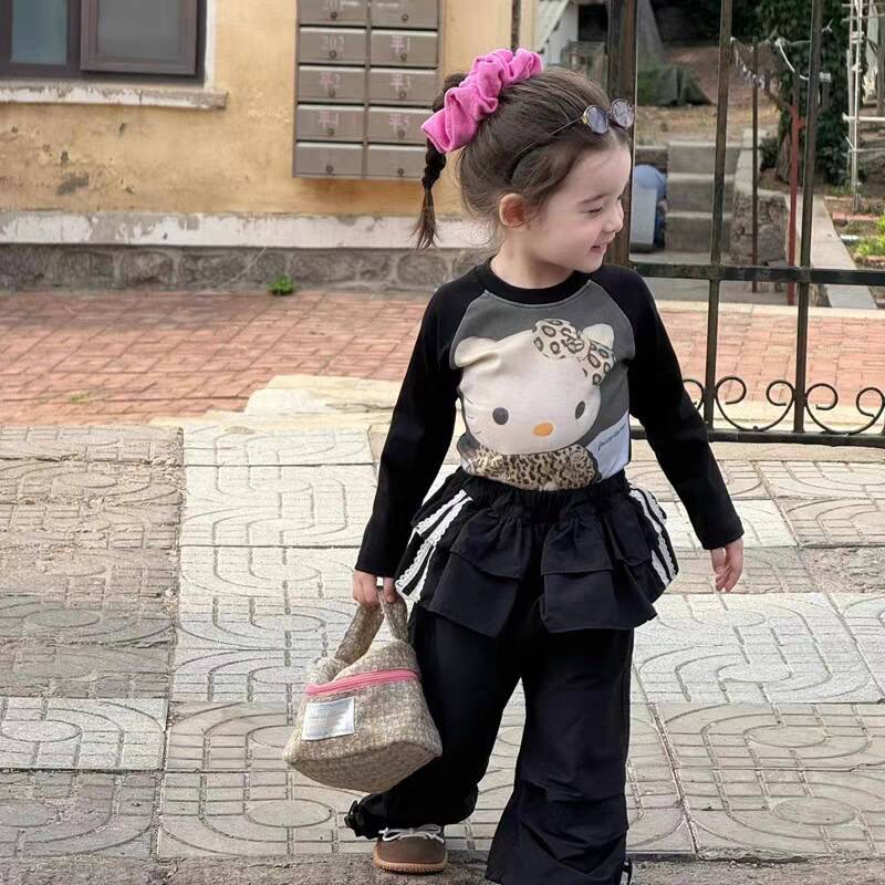 Sweet Little Sister Children's Clothing Autumn New Style Girls' Korean Fashion Slim Cartoon T Shirt Ruffled Casual Cargo Pants