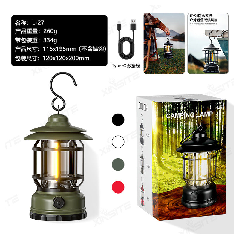 TikTok Hot-Selling Camping Light Atmosphere Light Flame Camping Light Tent Retro Lantern Outdoor Rechargeable Handheld Light Gift