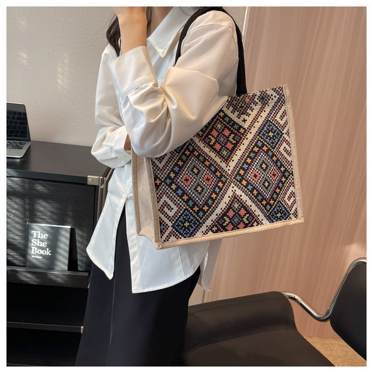 Large Capacity Commuter Bag Women2023New Fashion Single Shoulder Tote Bag Ethnic Style Student Handbag Class Bag Trendy