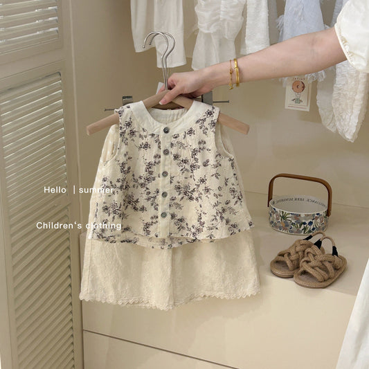 Girls retro Cotton and Linen Vest Set Summer Clothes2025New Korean Style Children's Sleeveless Doll Shirt Wide Leg Pants for Kids
