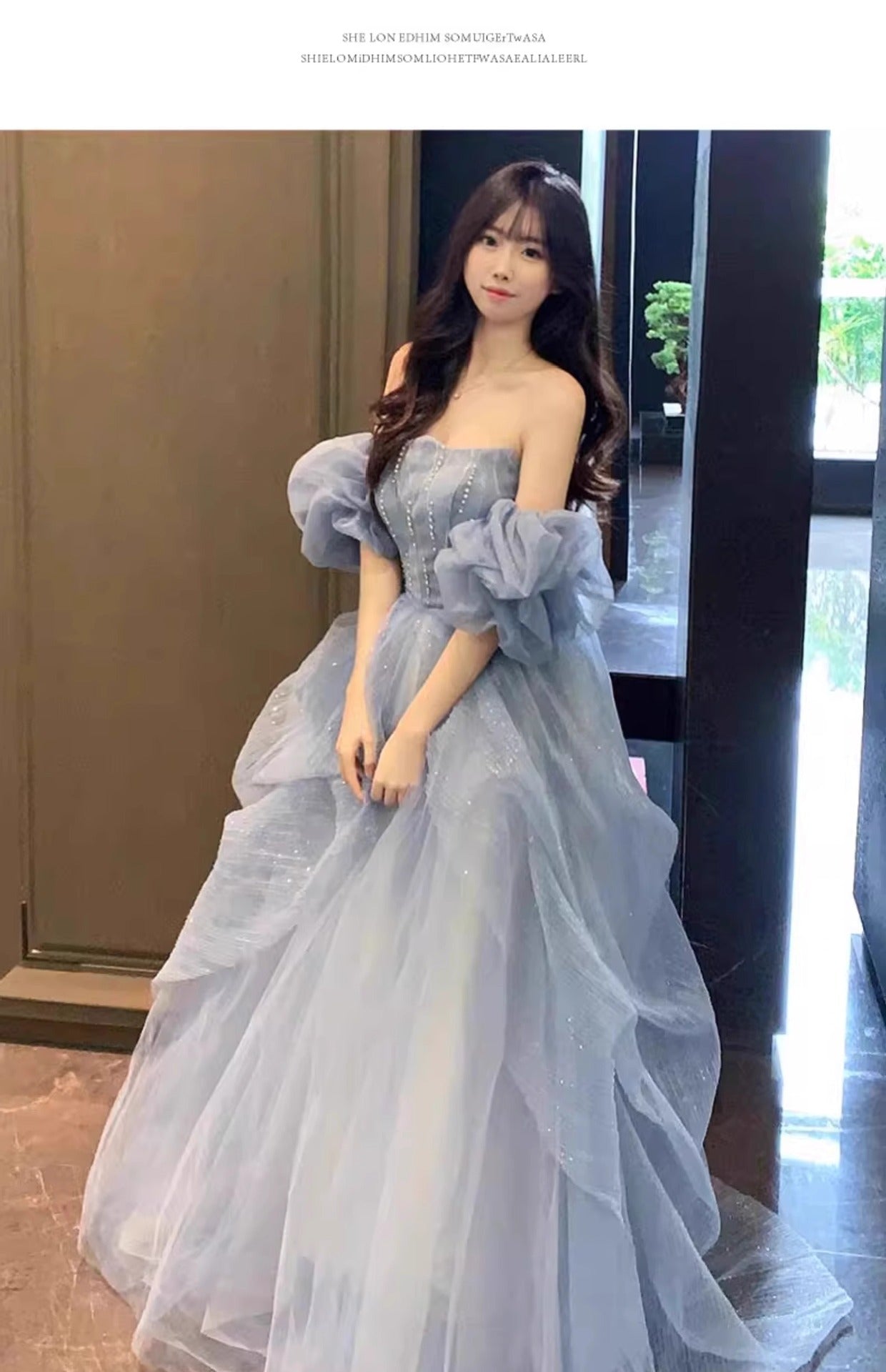 Blue Strapless Dress Puff Skirt Runaway Princess Fairy Dress Light Luxury High-end Evening Dress Host Slim Fit Elegant
