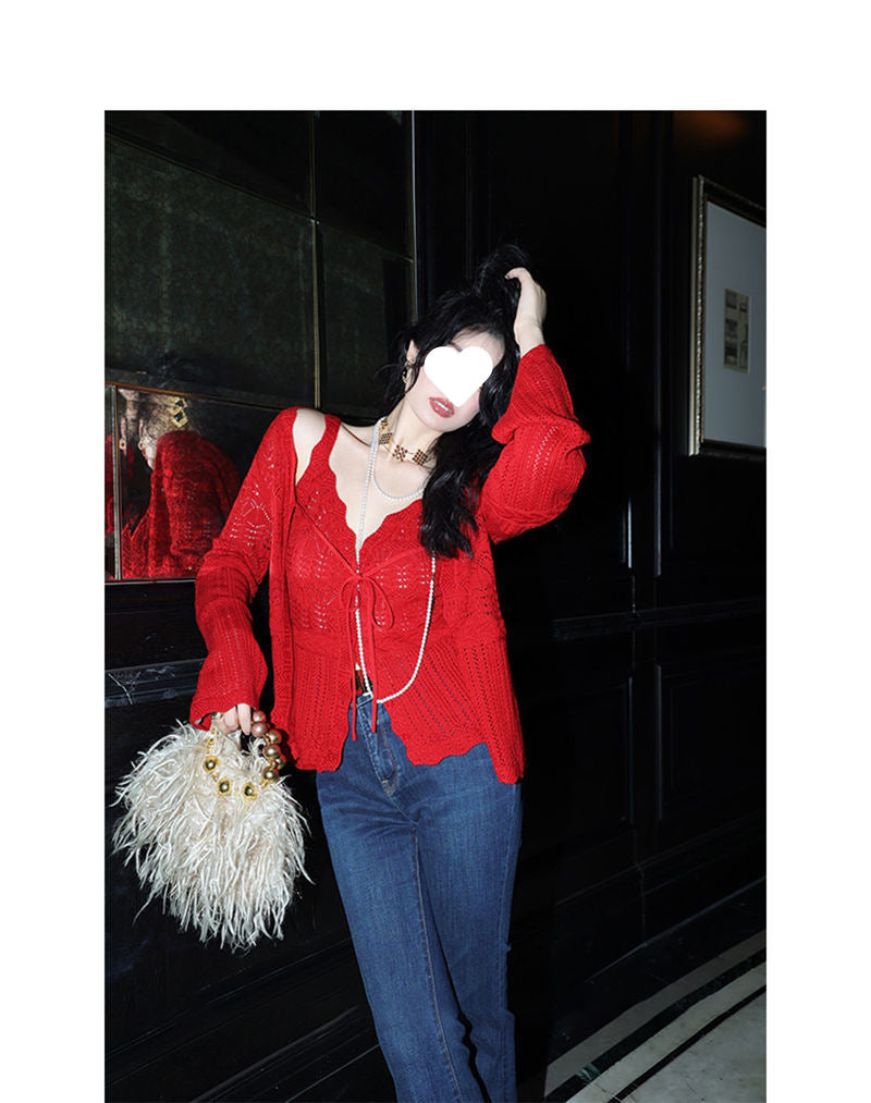 French Style Three-Dimensional Slight Flare V Women's Fashion Collar Suit2025Autumn New Camisole Jacquard Cardigan Two-Piece Set