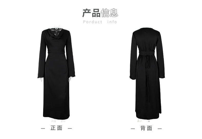 Pear-shaped Body Wear Women's Long-sleeved Loose Belted Waist Black Long Dress High-end Sense of Temperament Style Dress for Women