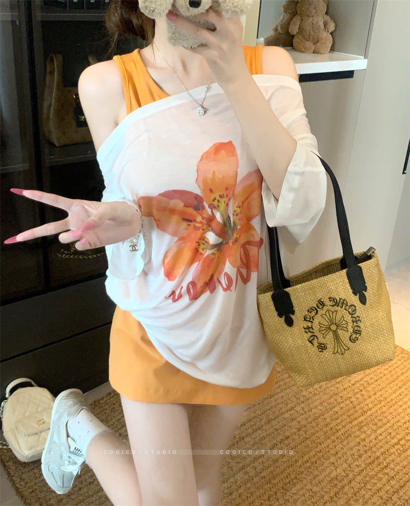 Korean style sweet floral letter print short sleeve T Women's Summer T-shirt2025New off-shoulder design casual top