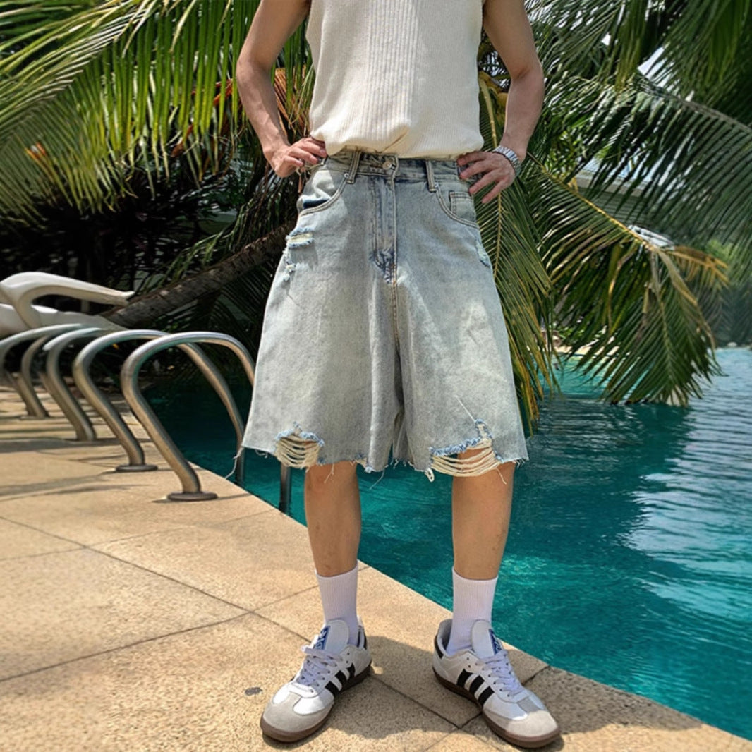 American Style Retro Washed Distressed Denim Shorts for Men Summer Cool Casual Loose Wide-Leg Five-Point Shorts