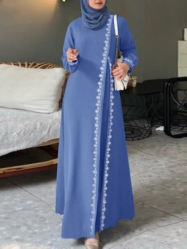 H726#Muslim Women's Clothing Lace Long Robe Dress Fashion Long Sleeve Vest Women's Spring Casual Dress