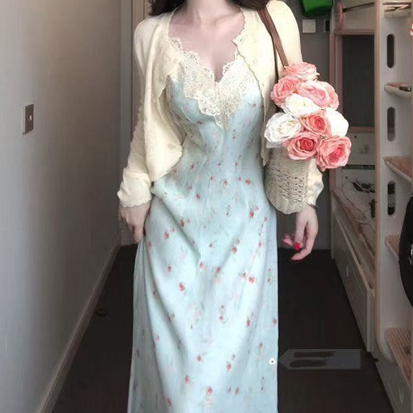 Fat mm Gentle Style Floral Strap Dress Plus Size Set for Women Spring Summer Long Sleeve Cardigan Lace Patchwork Waist-Cinching Long Dress