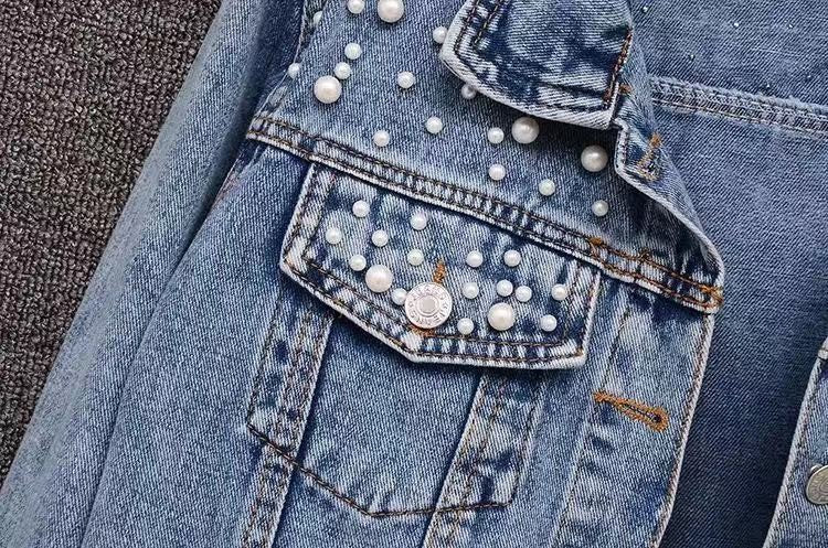Amazon Cross-Border Southeast Asia Heavy Fashion Beaded Short Denim Jacket for Women Pearl Plus Size Jacket ns Top