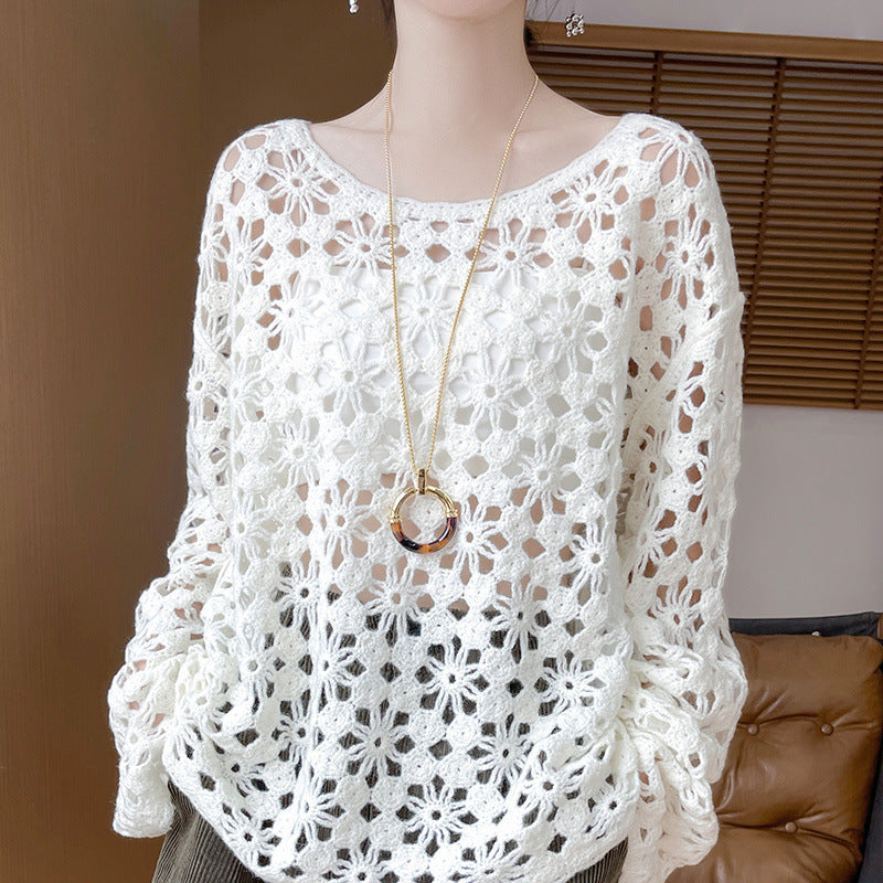 Early Autumn New Chinese Style Heavy Crochet Hollow Knit Sweater for Women100Commuting Autumn Lazy Style Sweater Cardigan