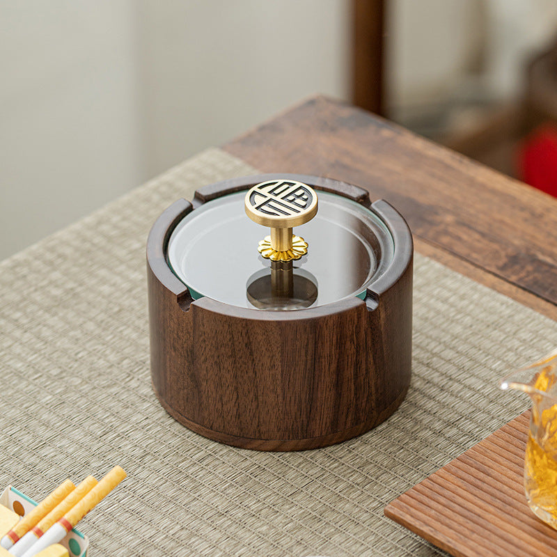 Walnut Ashtray for Home Living Room with Lid, Anti-Fly Ash, Stainless Steel Inner Liner, Creative Office Quality Ashtray