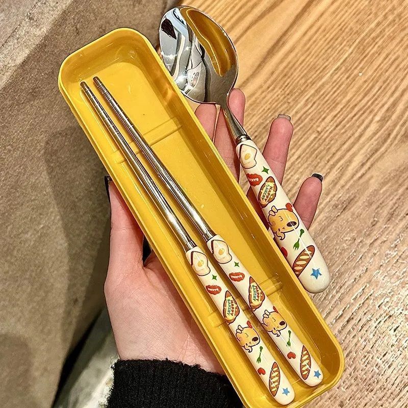 Student Dormitory Home Cute Bread Dog Tableware Set Spoon Fork Three-piece Portable Kitchen Supplies Cartoon Creative