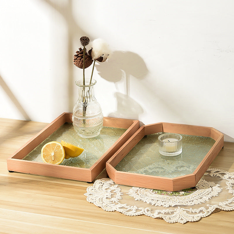 Begonia Embossed Glass Tray Walnut Color Rectangular Tea Tray Storage Ornaments Tea Water Cup Fruit Snack Plate