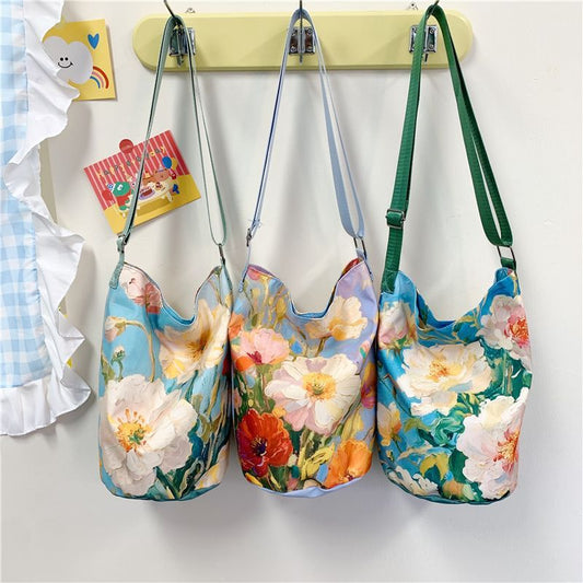 New2025Floral Oil Painting Niche Large Capacity Versatile Commuter Bucket High-end Bag Women's Shoulder Bag Hot Item