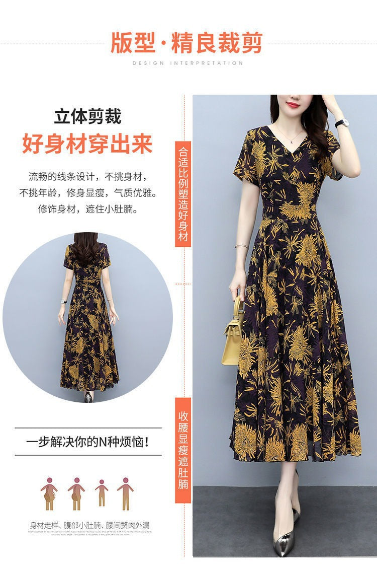 2022Summer New Chiffon Floral Dress Slimming Waist Plus Size Women mm Tummy-Covering Elegant Long Dress