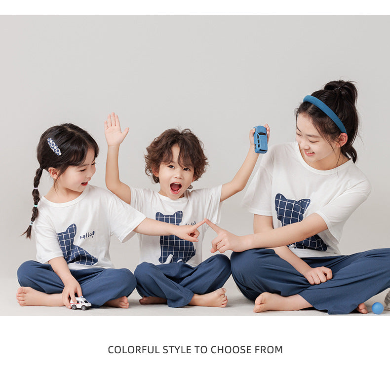 Parent-Child Cotton Homewear Summer Style Children's Short Sleeve Long Pants Set Cartoon Air Conditioning Clothing Sweat-Absorbing Printed Pajamas Couple Outfit