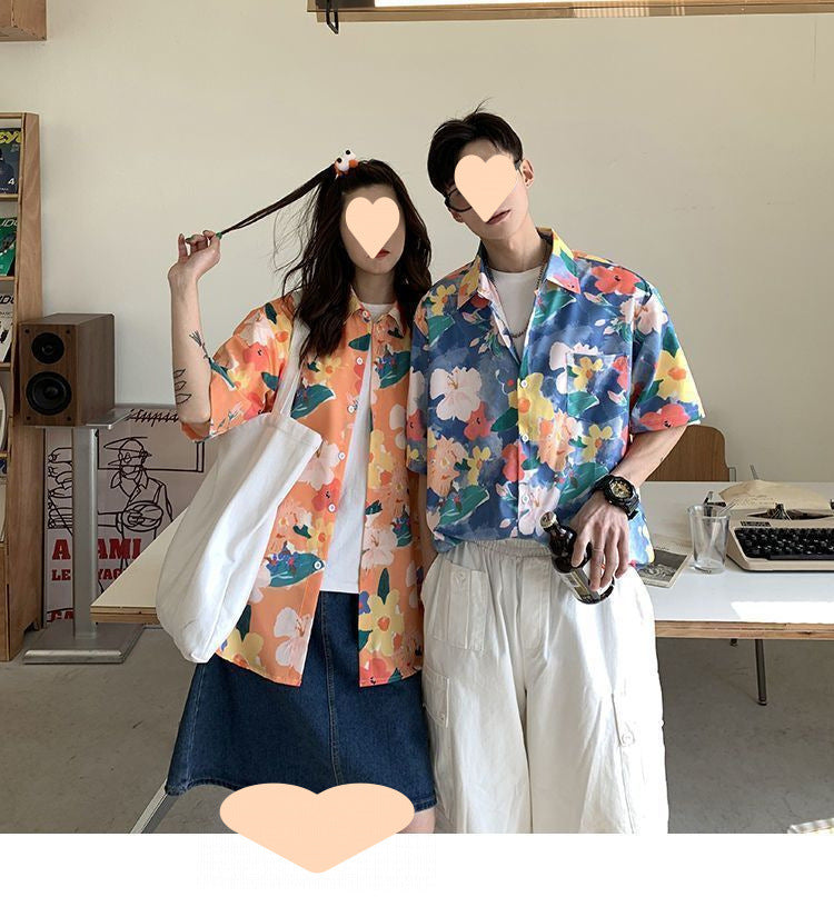 Summer Short Sleeve Floral Shirt for Men and Women Hawaiian Retro Hong Kong Style Loose Ice Silk Shirt Couple Outfit