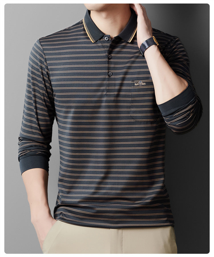 Autumn Men's Long Sleeve Cotton t Shirt for Middle-aged Dad Autumn Outfit with Turn-down Collar and Stripes POLO Base Layer Shirt T Grandpa's clothes