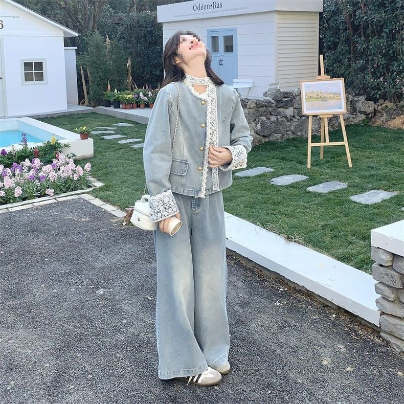 Lace patchwork denim wide-leg pants set for women spring and autumn2025The new two-piece set is absolutely stunning and super trendy