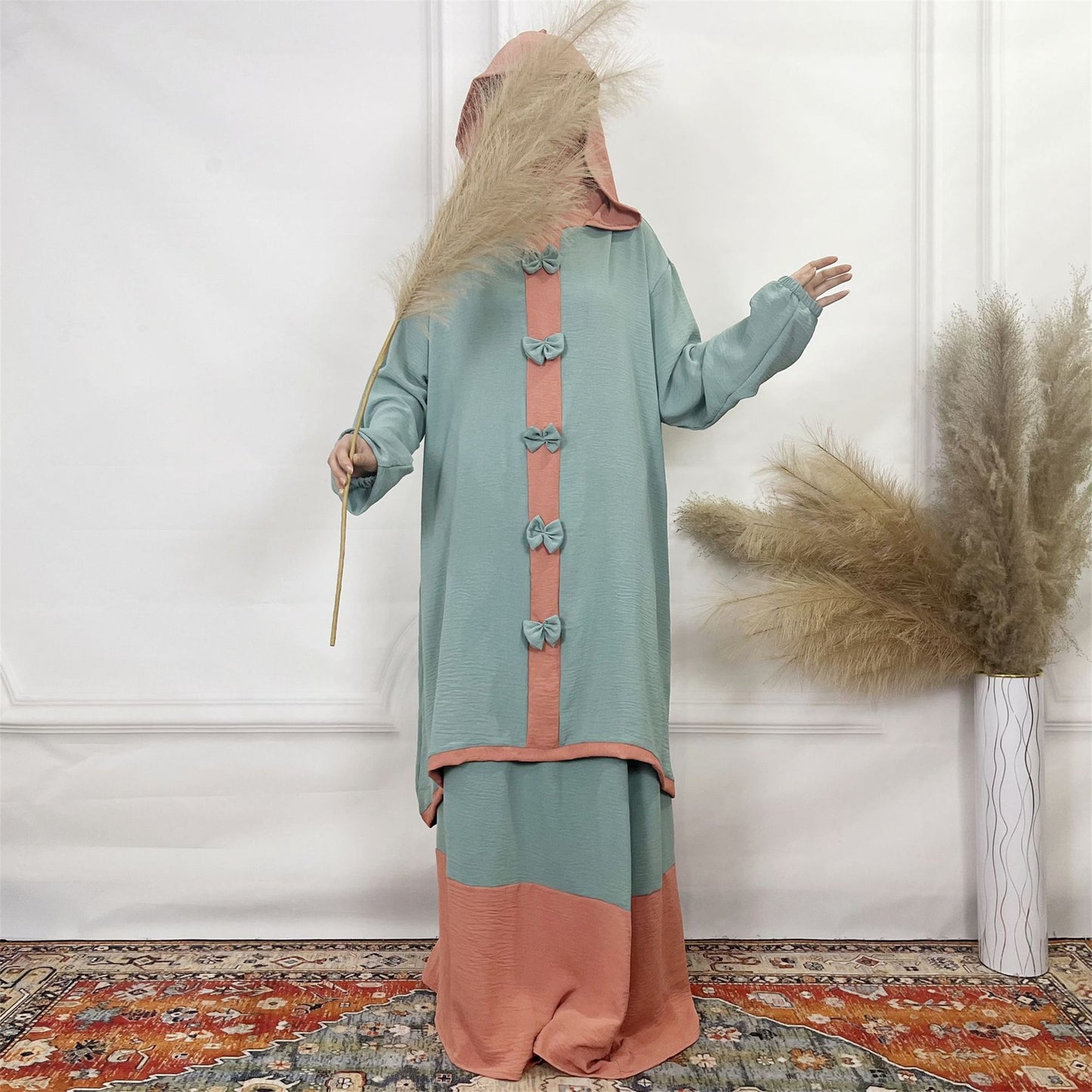 2024Aliexpress Muslims Fashion Women's Two-Piece Set with Bowknot, Solid Color Double-Layer Hat and Robe Set