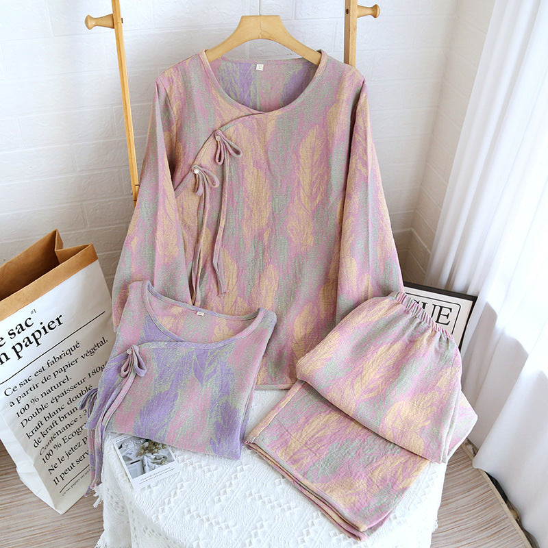 Yarn-Dyed Women's Thin Cotton Jacquard Feather Retro Chinese Style Spring Summer Homewear Loose Pajama Set Dropshipping