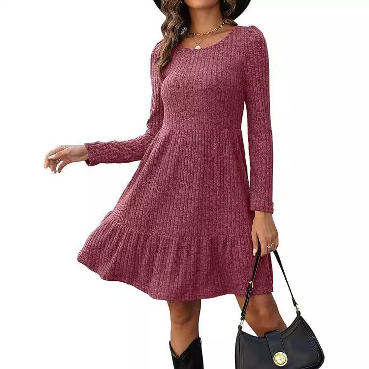 2023Autumn and Winter TEMU Amazon European and American Women's Fashion Cross-Border New Striped Round Neck Knitted Sweater Dress for Women