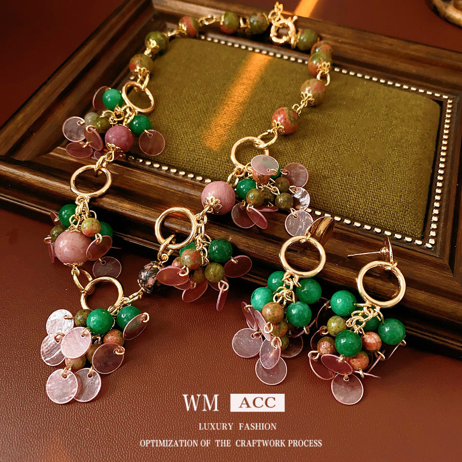 Medieval vintage Jewelry Set Natural Stone Shell Tassel Pendant Earrings Light Luxury High-end Vintage Necklace