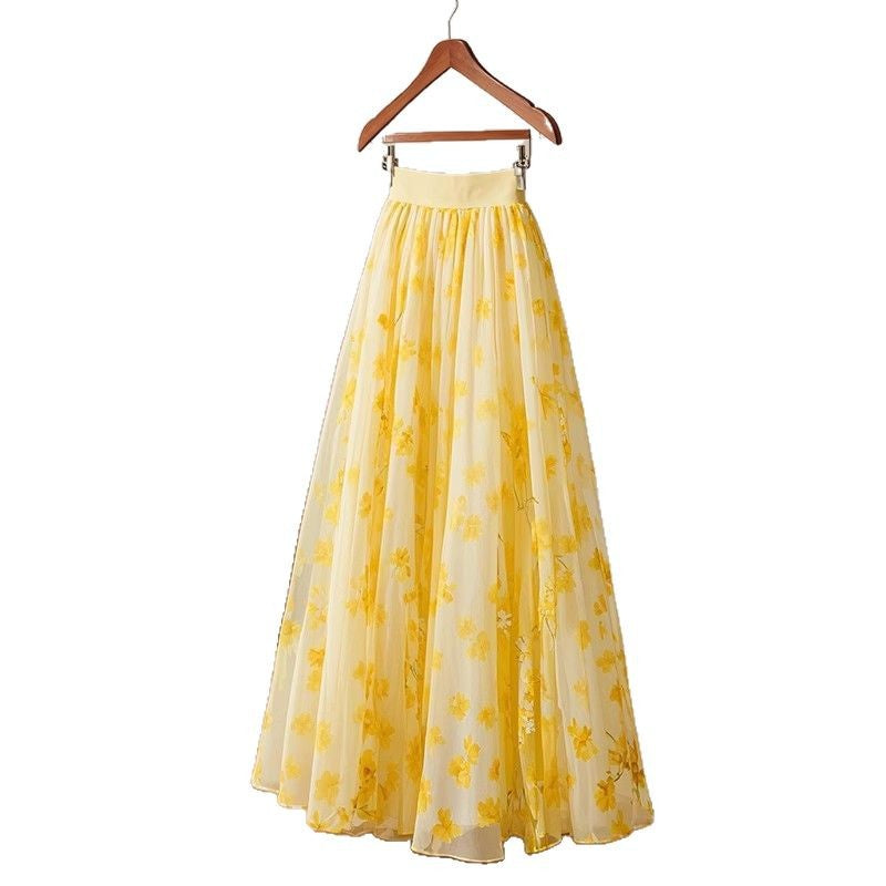 This Year's Hot New Style Petite French Draped Super Beautiful High Waist Yellow Floral Skirt for Women Summer