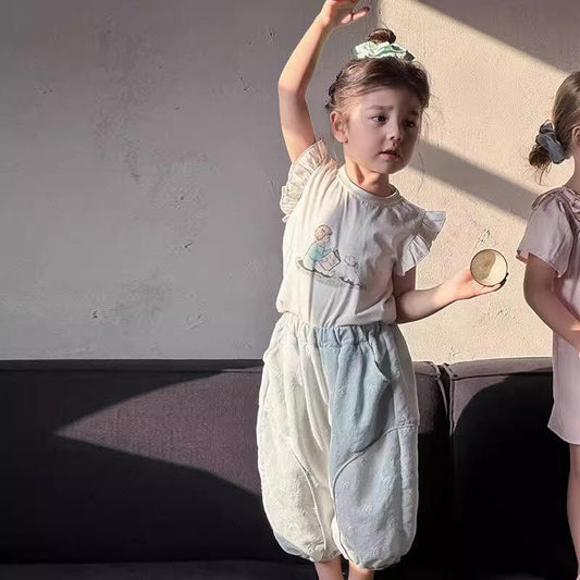 Sweet Little Girl Summer New Cute Lace Cartoon Vest and Jogger Anti-Mosquito Pants Two-Piece Set Trendy