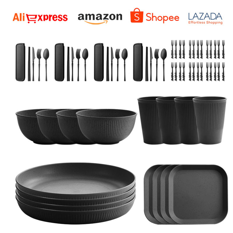 TEMU Amazon Wheat Straw Plate Bowl Cup Tableware Set Household Dining Plate Rice Bowl Water Cup Tableware Set Eco-friendly