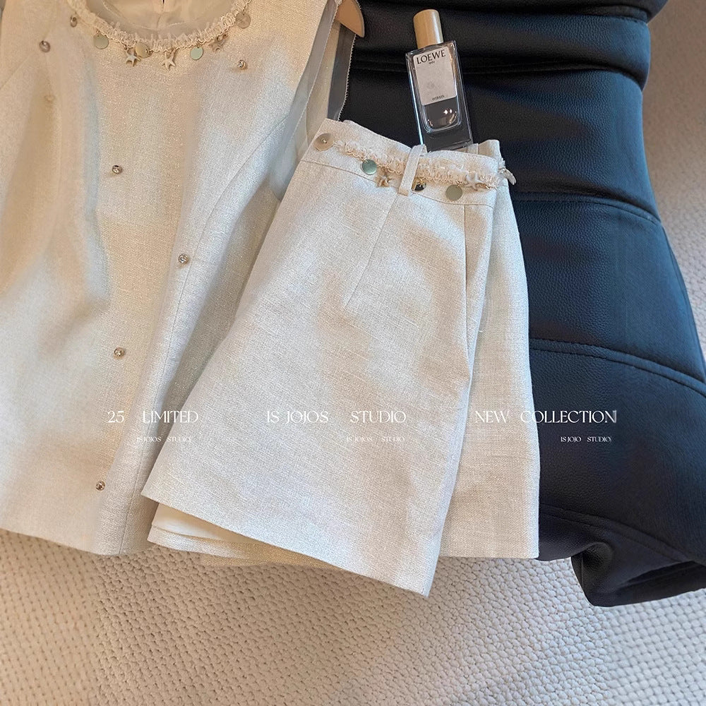 【Self-produced and self-sold, can accept orders】Shell Beaded Set for Women Summer Playful Youthful Versatile Shorts Two-Piece Set